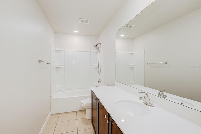 full bathroom with shower / washtub combination, toilet, tile patterned flooring, and vanity