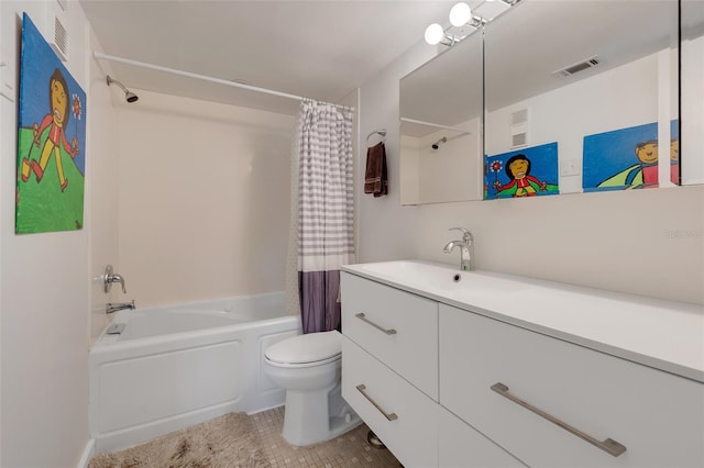 full bathroom featuring tile patterned flooring, shower / bath combination with curtain, toilet, and vanity