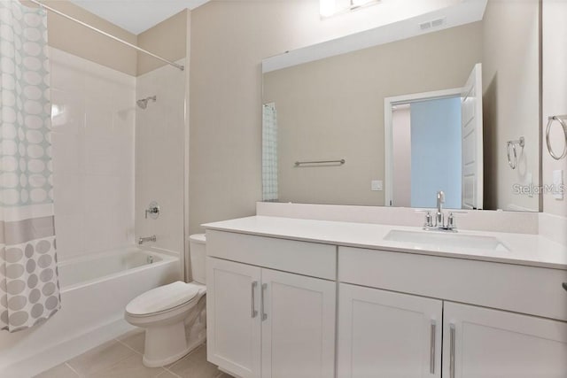 full bathroom with tile patterned flooring, vanity, toilet, and shower / tub combo with curtain