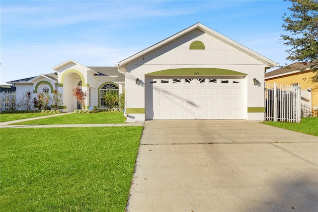 ranch-style home featuring a front yard and a garage