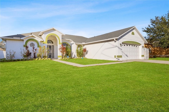 ranch-style home with a front lawn and a garage