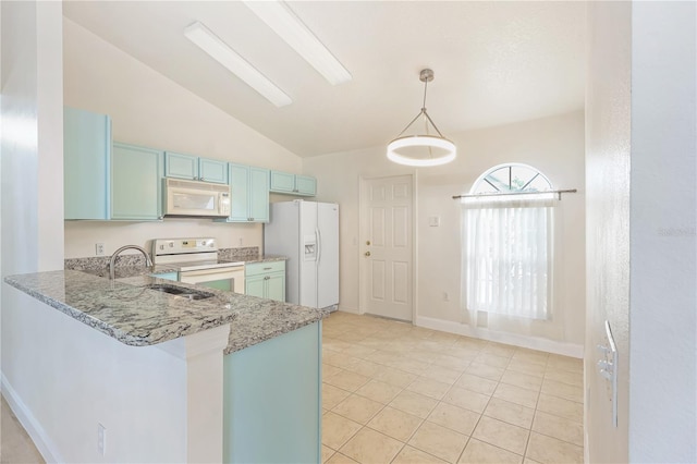 kitchen featuring sink, hanging light fixtures, kitchen peninsula, lofted ceiling, and white appliances