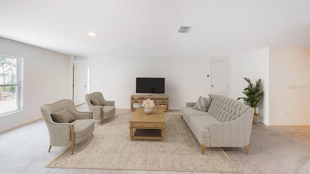 living room featuring light colored carpet