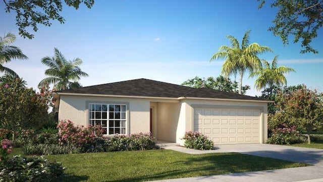 single story home featuring a garage and a front lawn