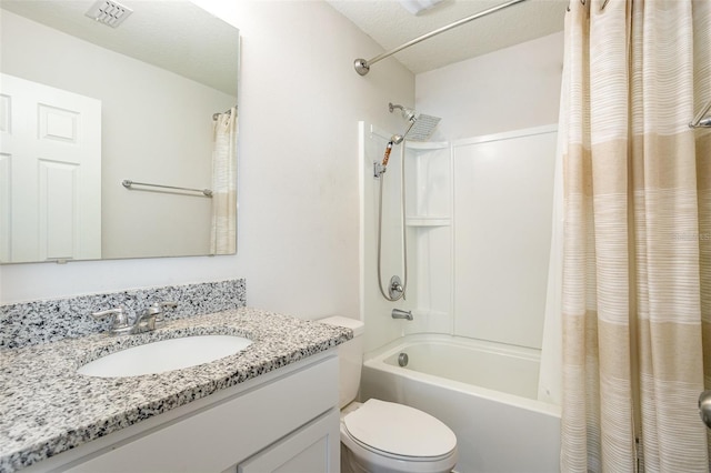 full bathroom featuring a textured ceiling, toilet, shower / bathtub combination with curtain, and vanity