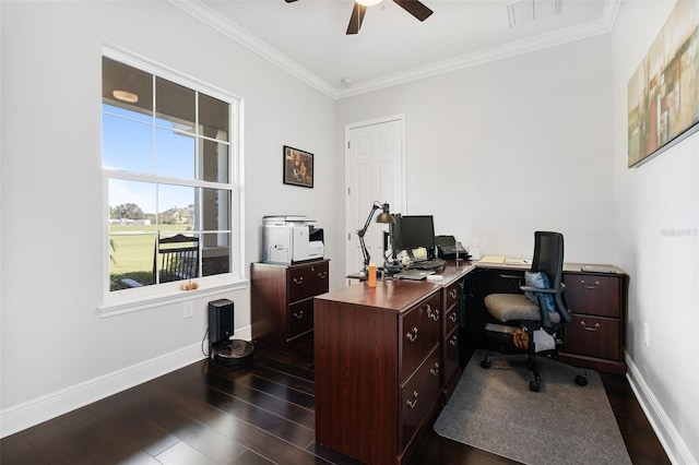 office area featuring crown molding, ceiling fan, and dark hardwood / wood-style floors