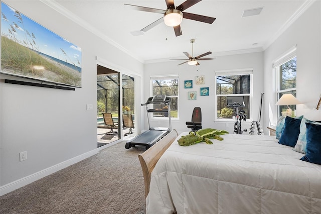 bedroom with carpet, access to outside, ceiling fan, and crown molding