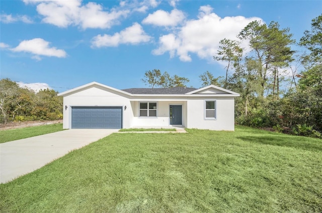 single story home featuring a front yard and a garage