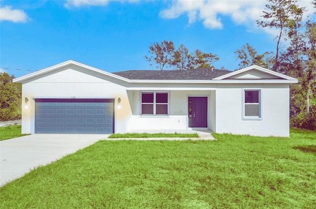 ranch-style home featuring a garage and a front yard