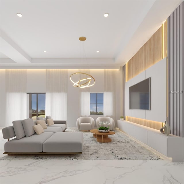 living room with an inviting chandelier and plenty of natural light