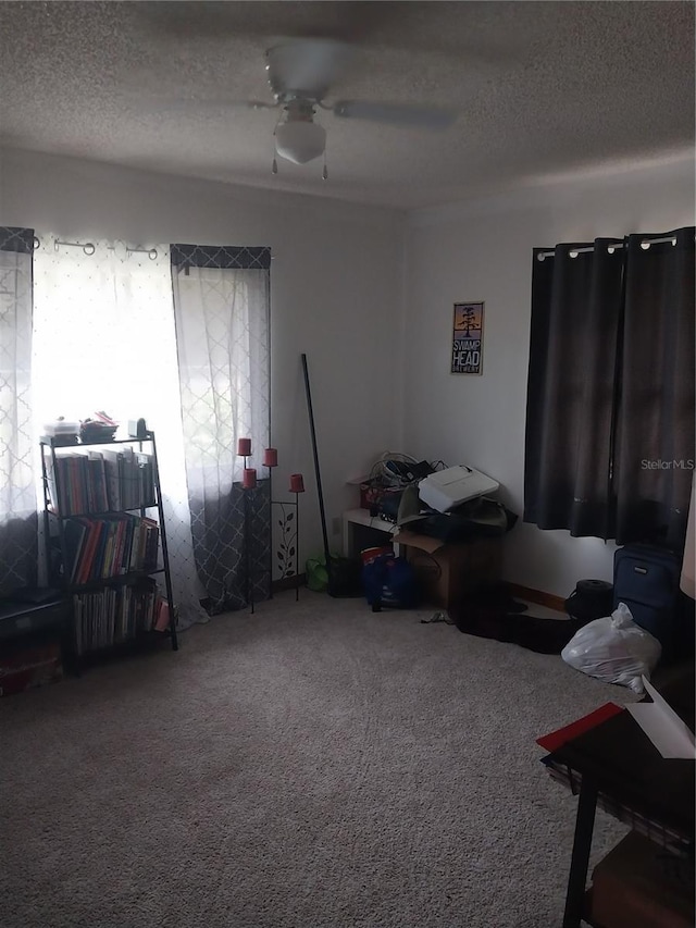 misc room with carpet, a textured ceiling, and ceiling fan