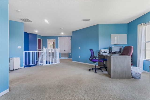 office area featuring plenty of natural light and light carpet