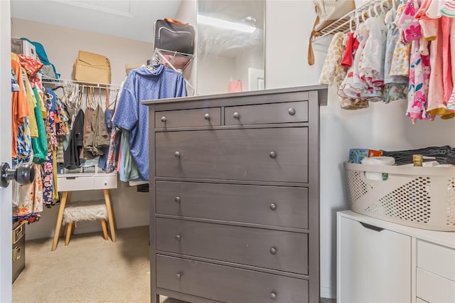 walk in closet with light carpet