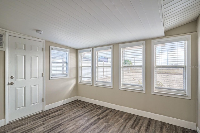 unfurnished room with lofted ceiling, dark wood-type flooring, and wood ceiling