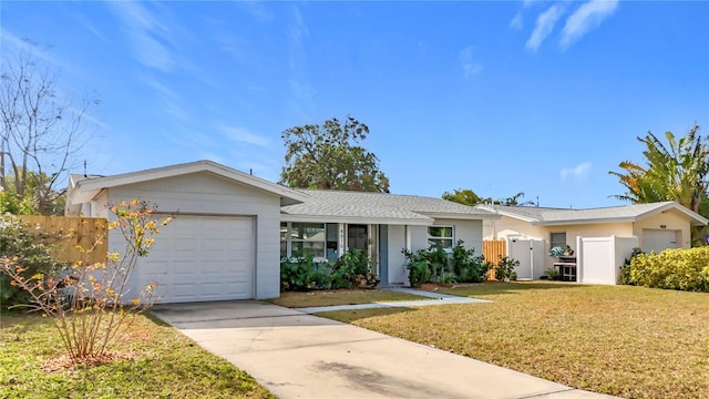 ranch-style home with a garage and a front lawn