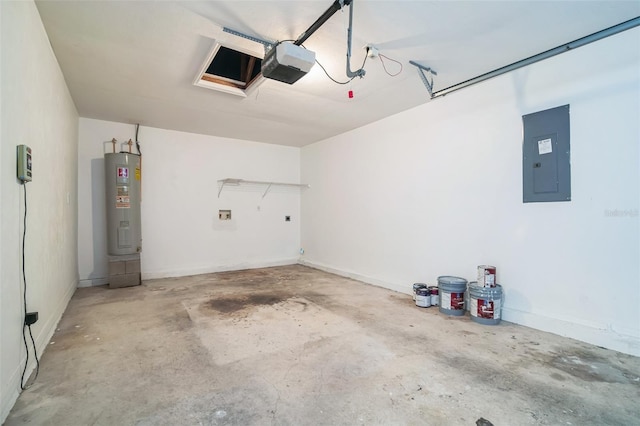 garage featuring electric panel, baseboards, electric water heater, and a garage door opener