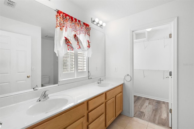 bathroom featuring vanity, toilet, and wood-type flooring