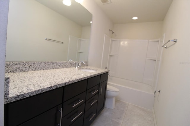 full bathroom with bathtub / shower combination, tile patterned floors, vanity, and toilet