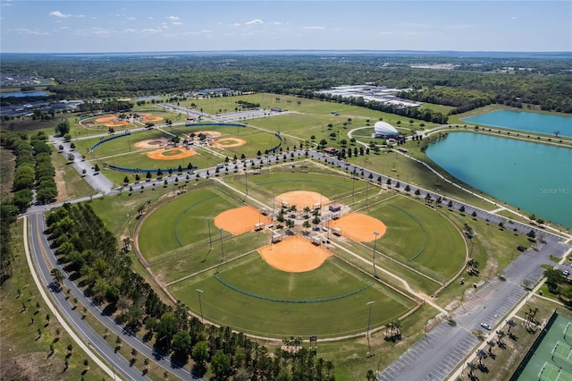 bird's eye view with a water view