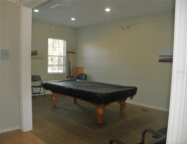 rec room featuring hardwood / wood-style flooring and billiards