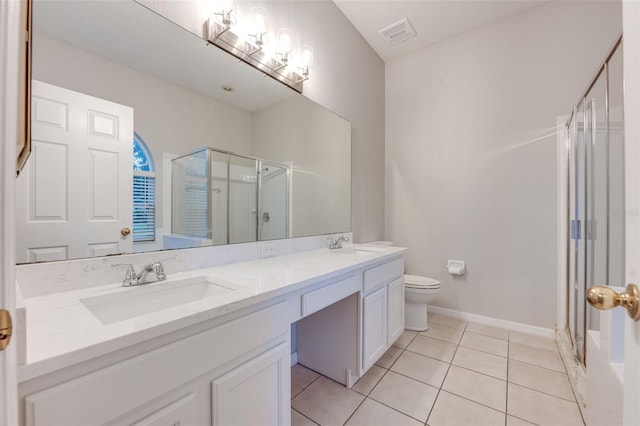 bathroom with tile patterned flooring, vanity, toilet, and a shower with shower door