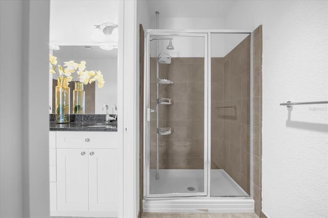 bathroom with vanity and a shower with shower door