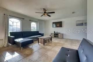 living room featuring ceiling fan