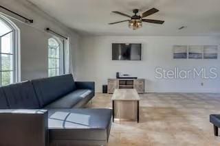 living room with light colored carpet and ceiling fan