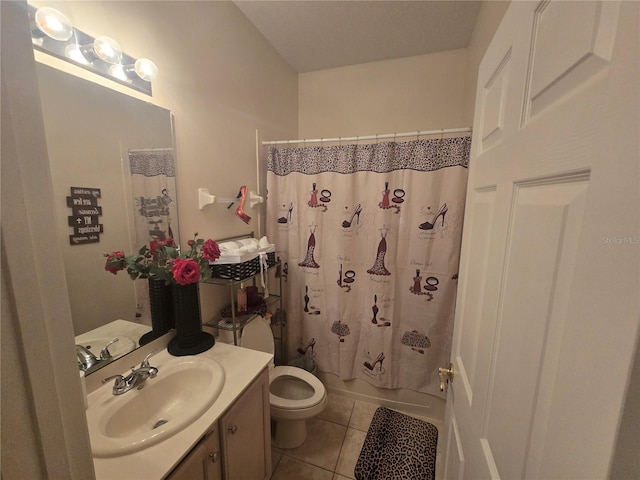 full bathroom with tile patterned floors, vanity, shower / tub combo, and toilet