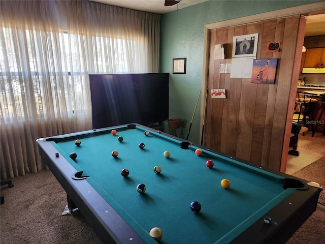 recreation room with carpet and billiards