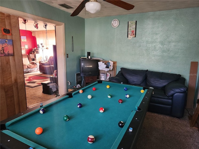 game room with ceiling fan, carpet floors, and billiards