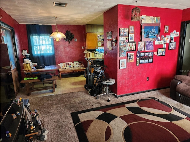 interior space with carpet and a textured ceiling