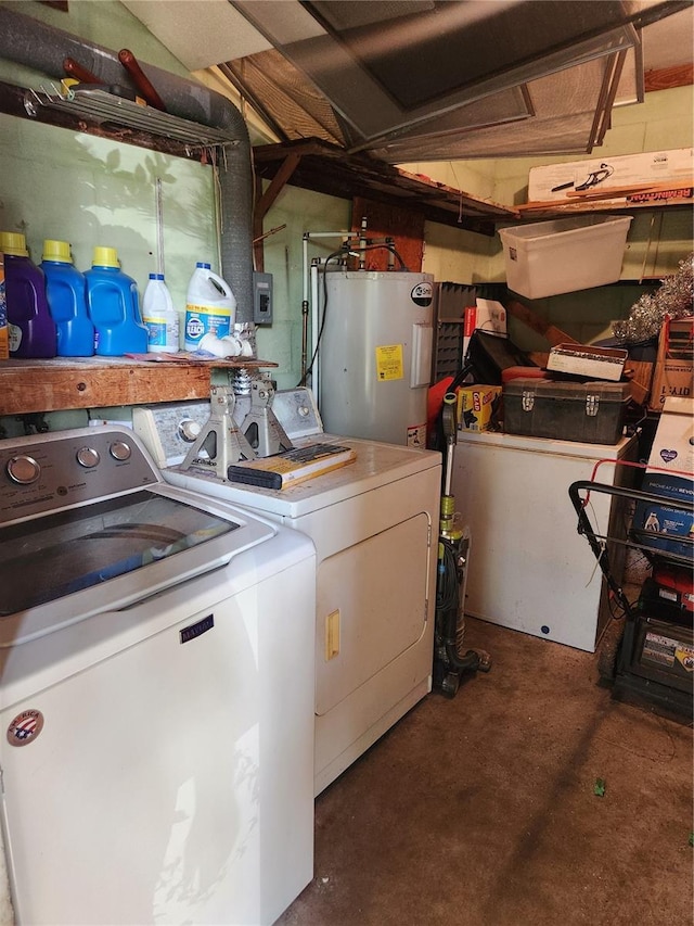 laundry room featuring washing machine and clothes dryer and water heater