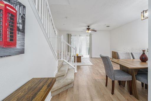 dining room with ceiling fan and light wood-type flooring