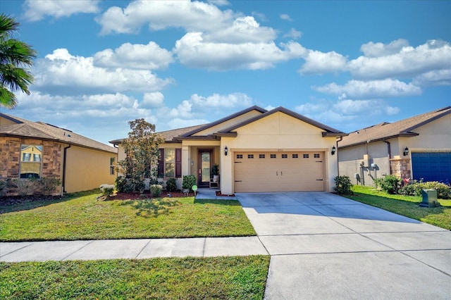 single story home featuring a front yard and a garage