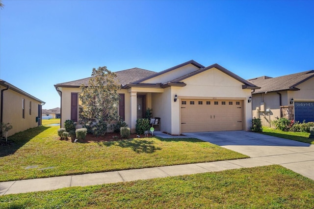 ranch-style home with a front yard and a garage