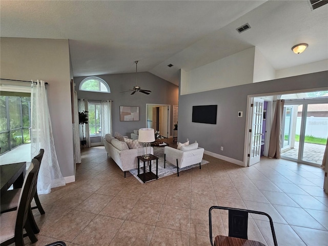 1022 Bartlett Ct, Oviedo, FL 32765 - living area featuring ceiling fan, high vaulted ceiling, and light tile patterned floors