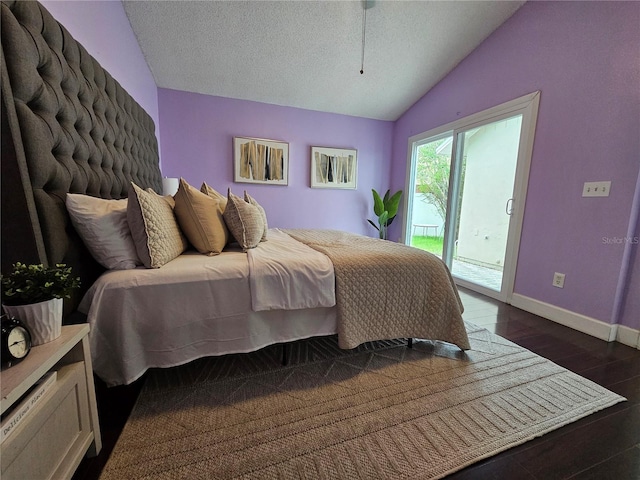 1022 Bartlett Ct, Oviedo, FL 32765 - bedroom with access to outside, vaulted ceiling, dark wood-style floors, and a textured ceiling