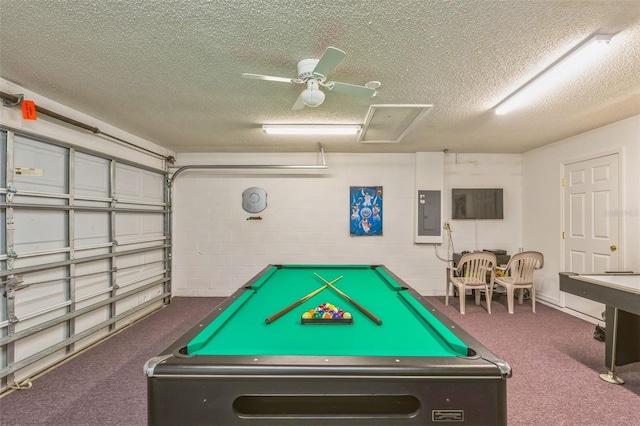 recreation room with ceiling fan, billiards, a textured ceiling, and electric panel