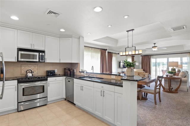 kitchen featuring pendant lighting, a raised ceiling, ceiling fan, appliances with stainless steel finishes, and kitchen peninsula