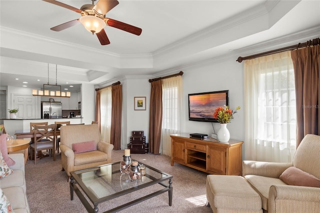 living room with a raised ceiling, plenty of natural light, and crown molding