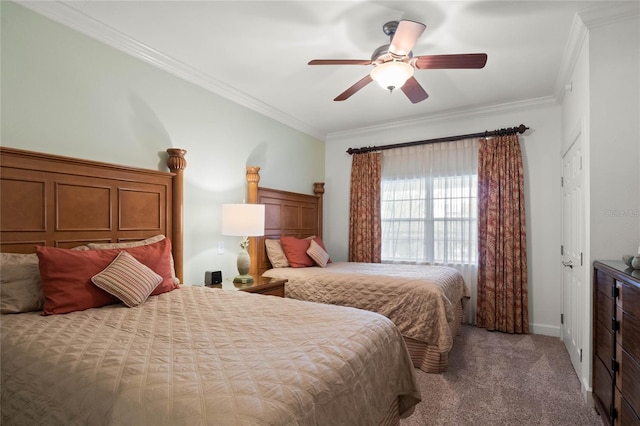 bedroom featuring carpet flooring, ceiling fan, and ornamental molding