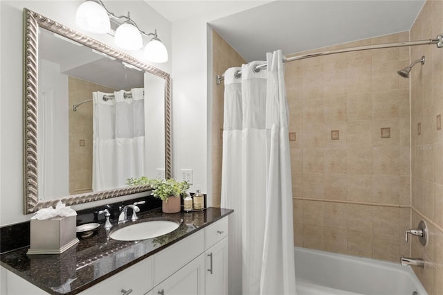 bathroom with vanity and shower / bath combo with shower curtain