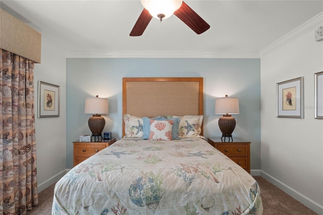 bedroom with ceiling fan, crown molding, and carpet floors