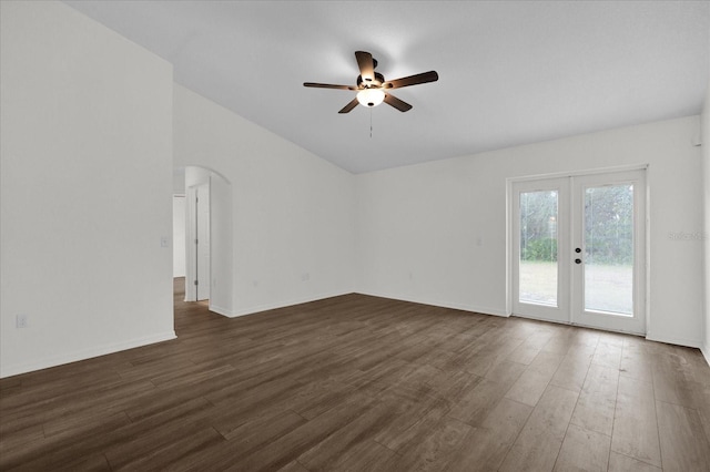 interior space with dark hardwood / wood-style flooring, lofted ceiling, french doors, and ceiling fan