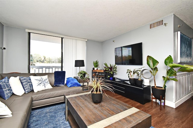 living room with dark hardwood / wood-style flooring and a textured ceiling