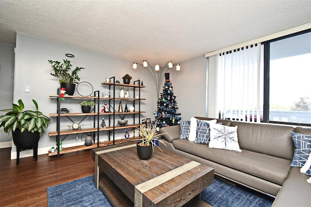 living room with a textured ceiling and dark wood-type flooring