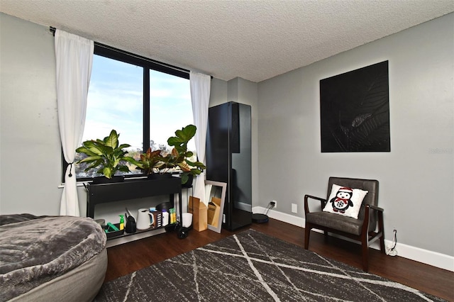 sitting room featuring expansive windows, a textured ceiling, and dark wood-type flooring