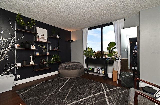 sitting room with dark hardwood / wood-style floors, a wall of windows, and a textured ceiling