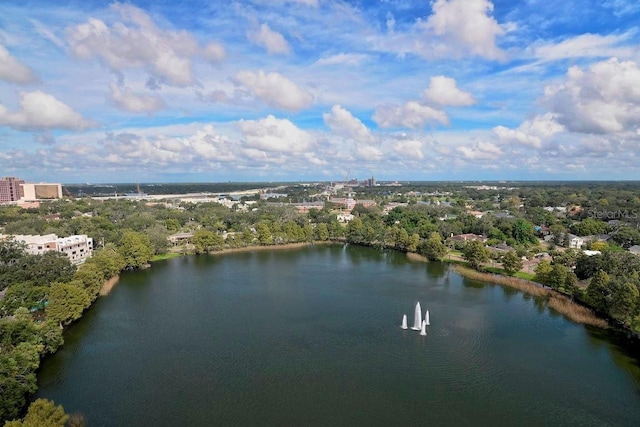 drone / aerial view featuring a water view